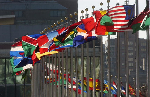 United Nations Headquarters with a view of National flags