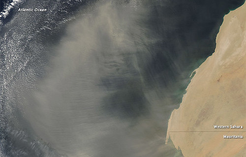 Satelite view of sand from the Sahara blowing over ocean